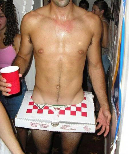 Naked man in pizza box.