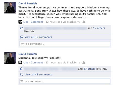 David Furnish attacks Madonna win on Facebook.