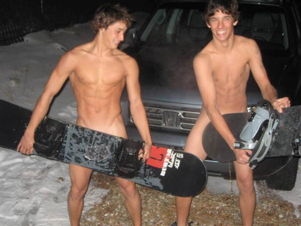 Naked snowboarders